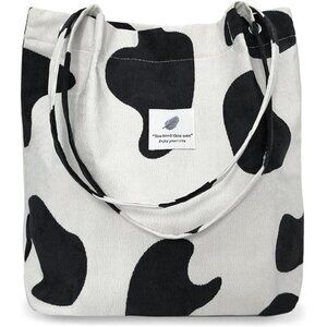 Cow Print Corduroy Tote Bag with Secure Buckles and Straps With Inner Pockets